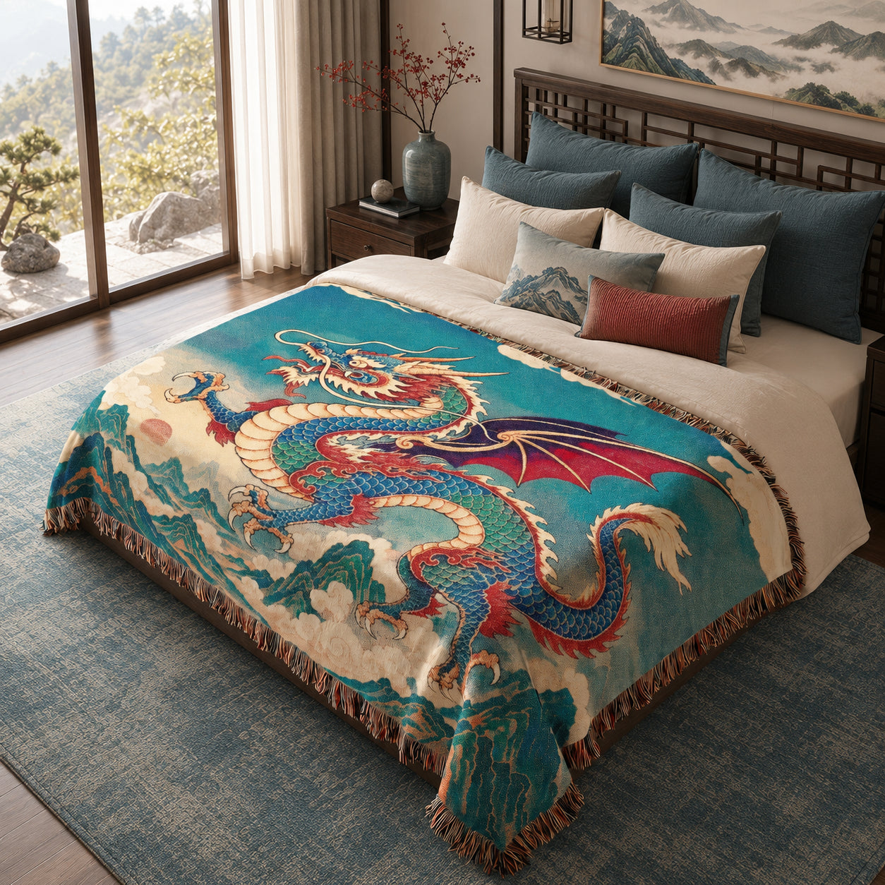 Azure Mountain Dragon Woven Blanket – Asian Fantasy Tapestry Throw