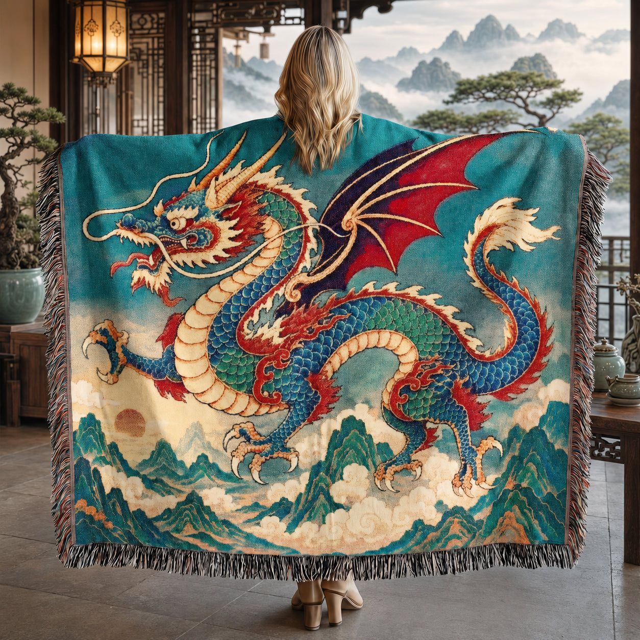 Azure Mountain Dragon Woven Blanket – Asian Fantasy Tapestry Throw