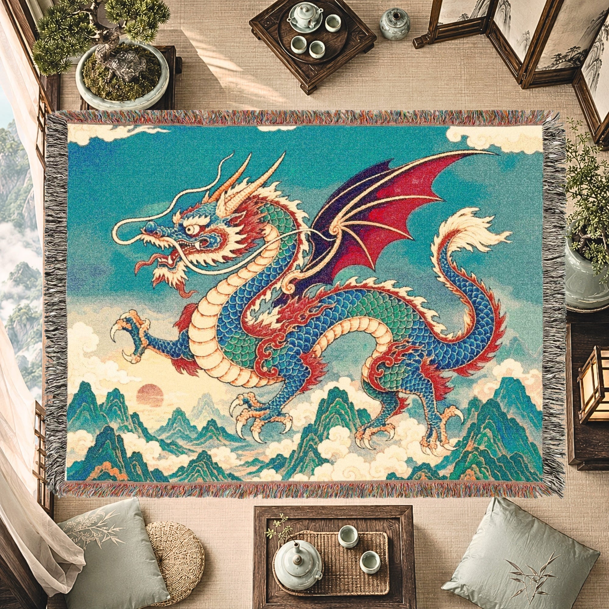 Azure Mountain Dragon Woven Blanket – Asian Fantasy Tapestry Throw