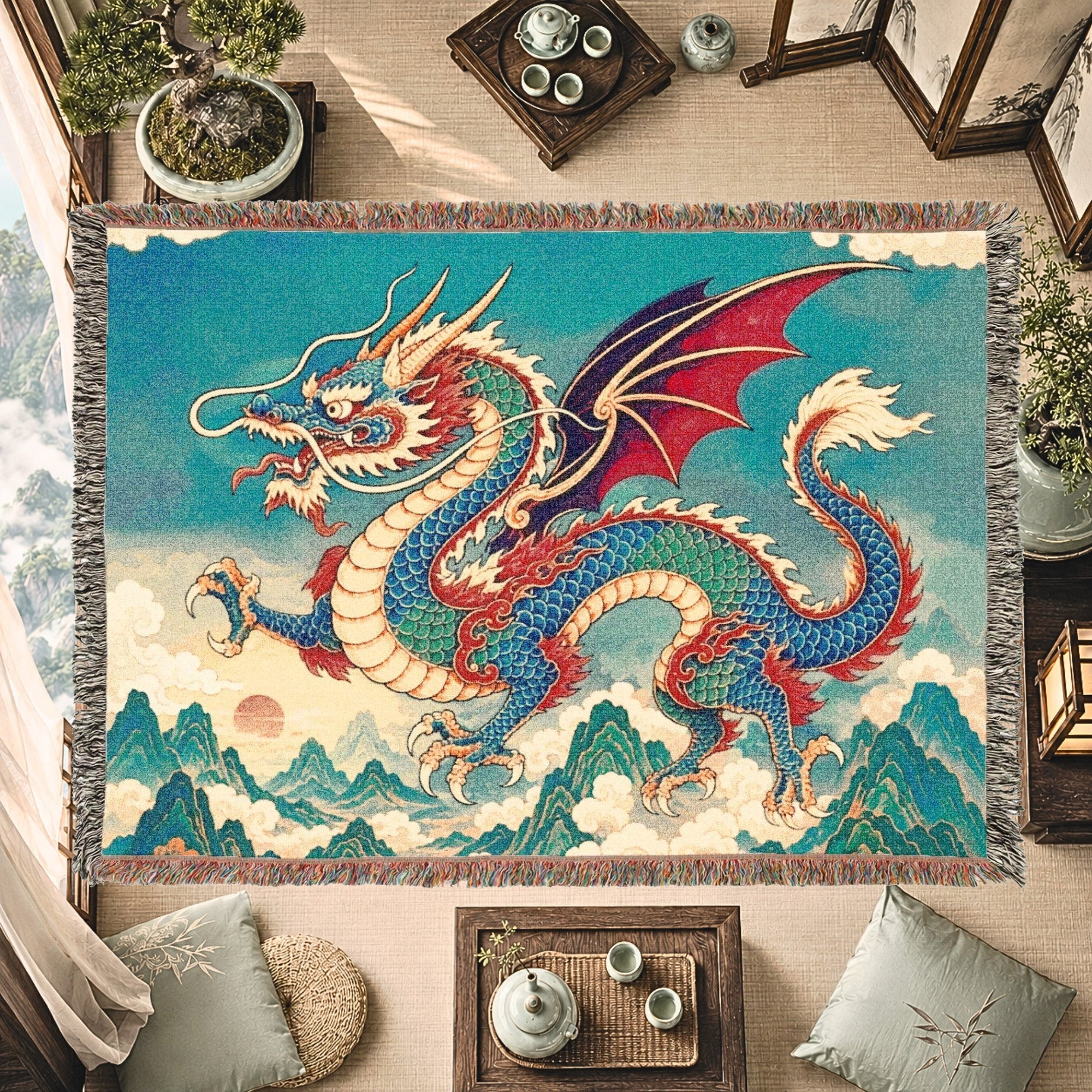 Azure Mountain Dragon Woven Blanket – Asian Fantasy Tapestry Throw