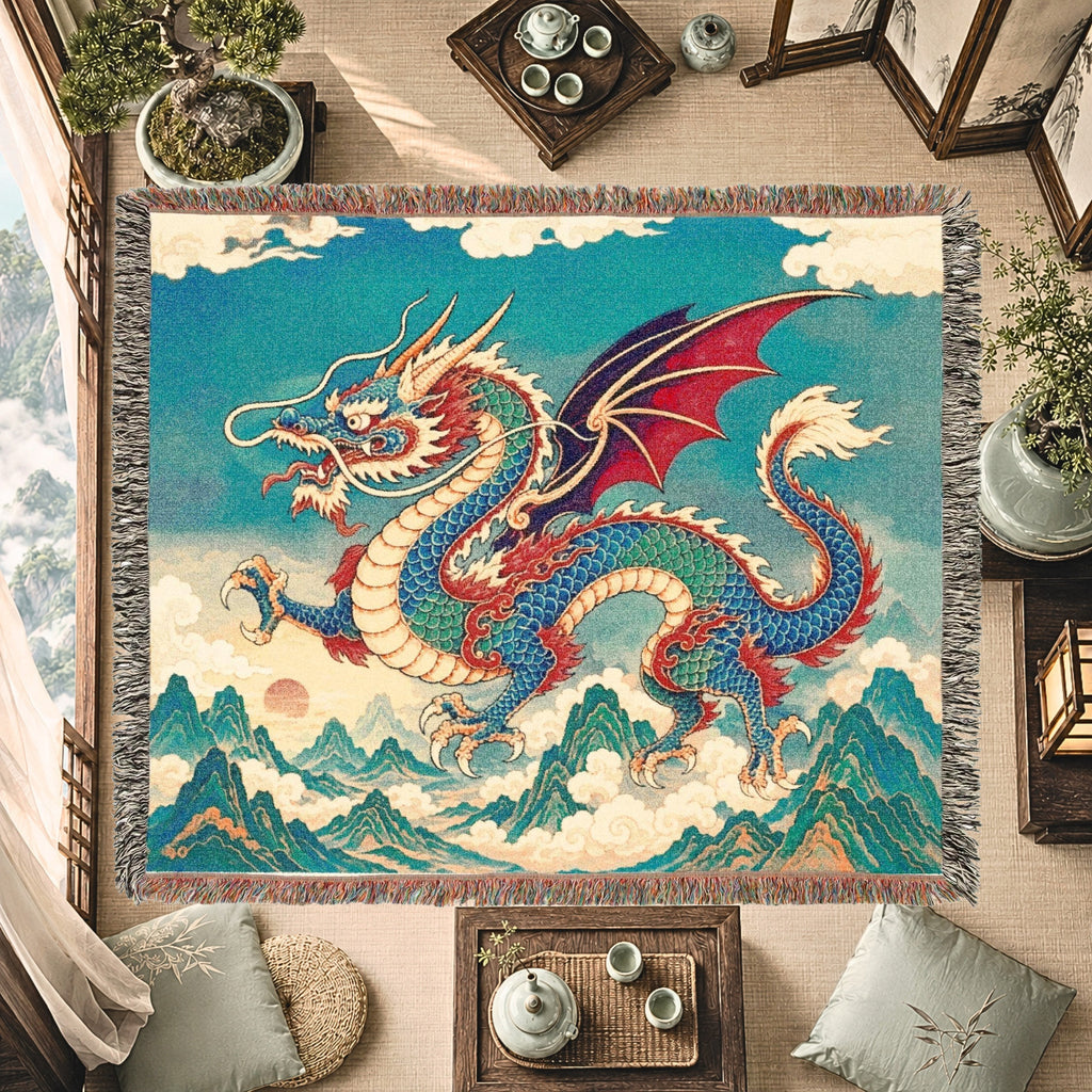 Azure Mountain Dragon Woven Blanket – Asian Fantasy Tapestry Throw