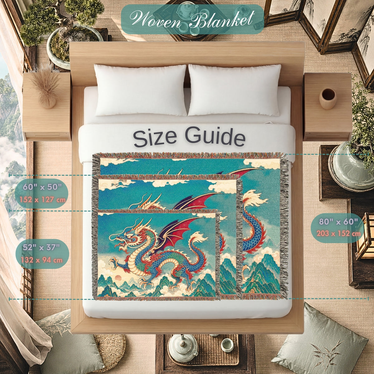 Azure Mountain Dragon Woven Blanket – Asian Fantasy Tapestry Throw
