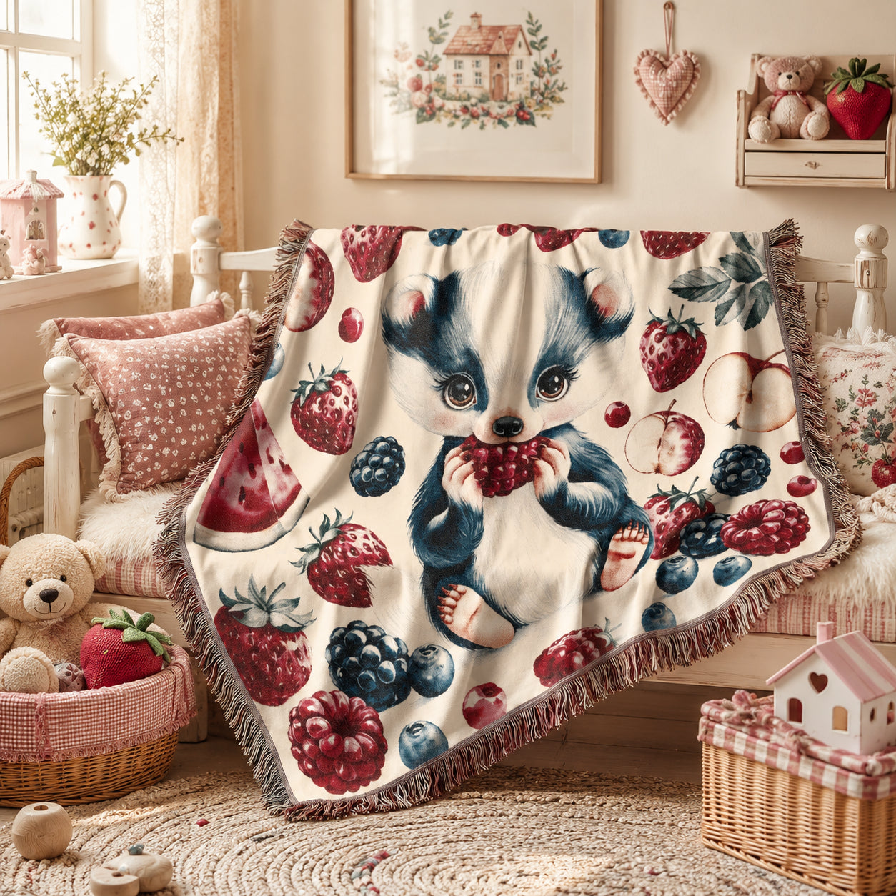 Sweet Berry Skunk Woven Cotton Blanket