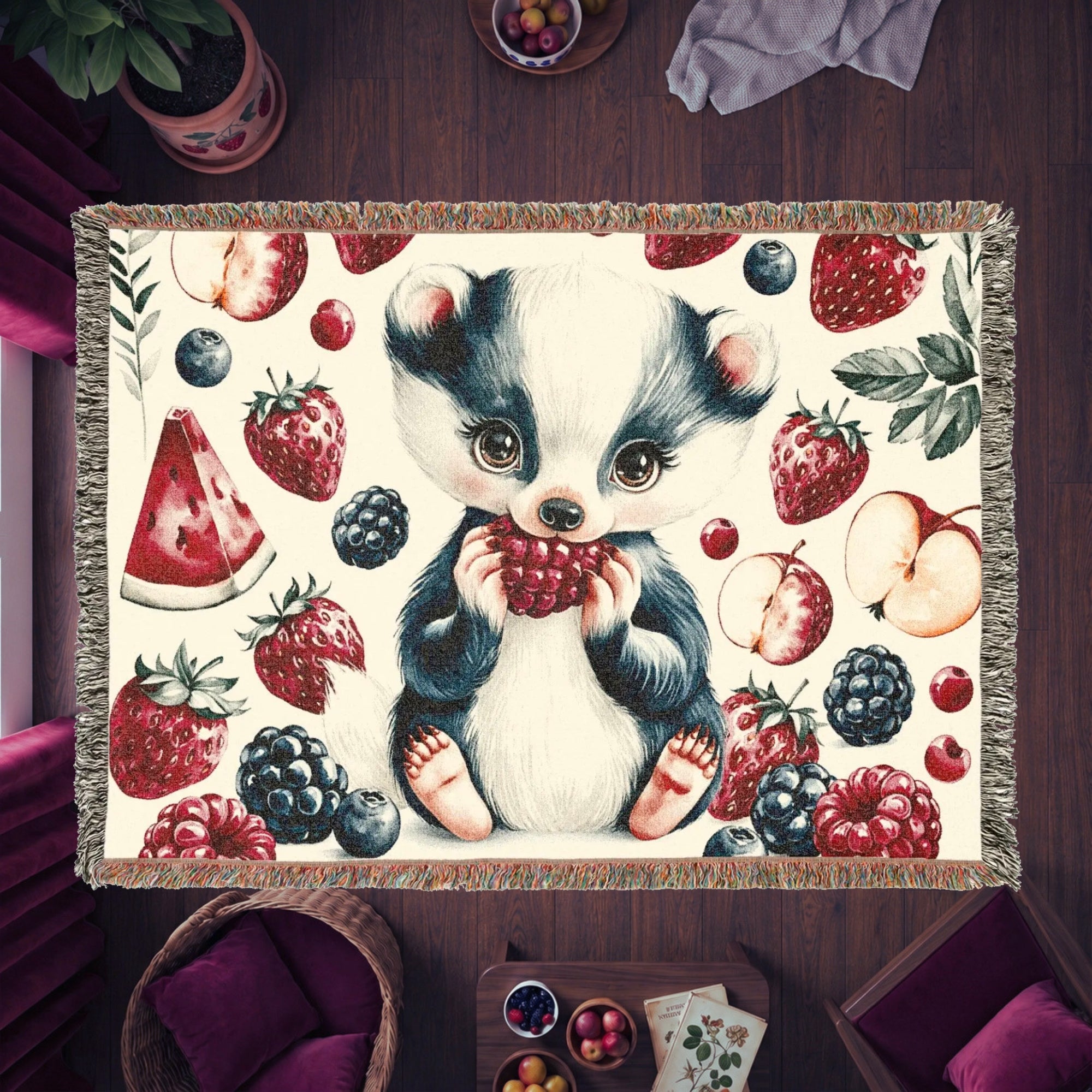 Sweet Berry Skunk Woven Cotton Blanket