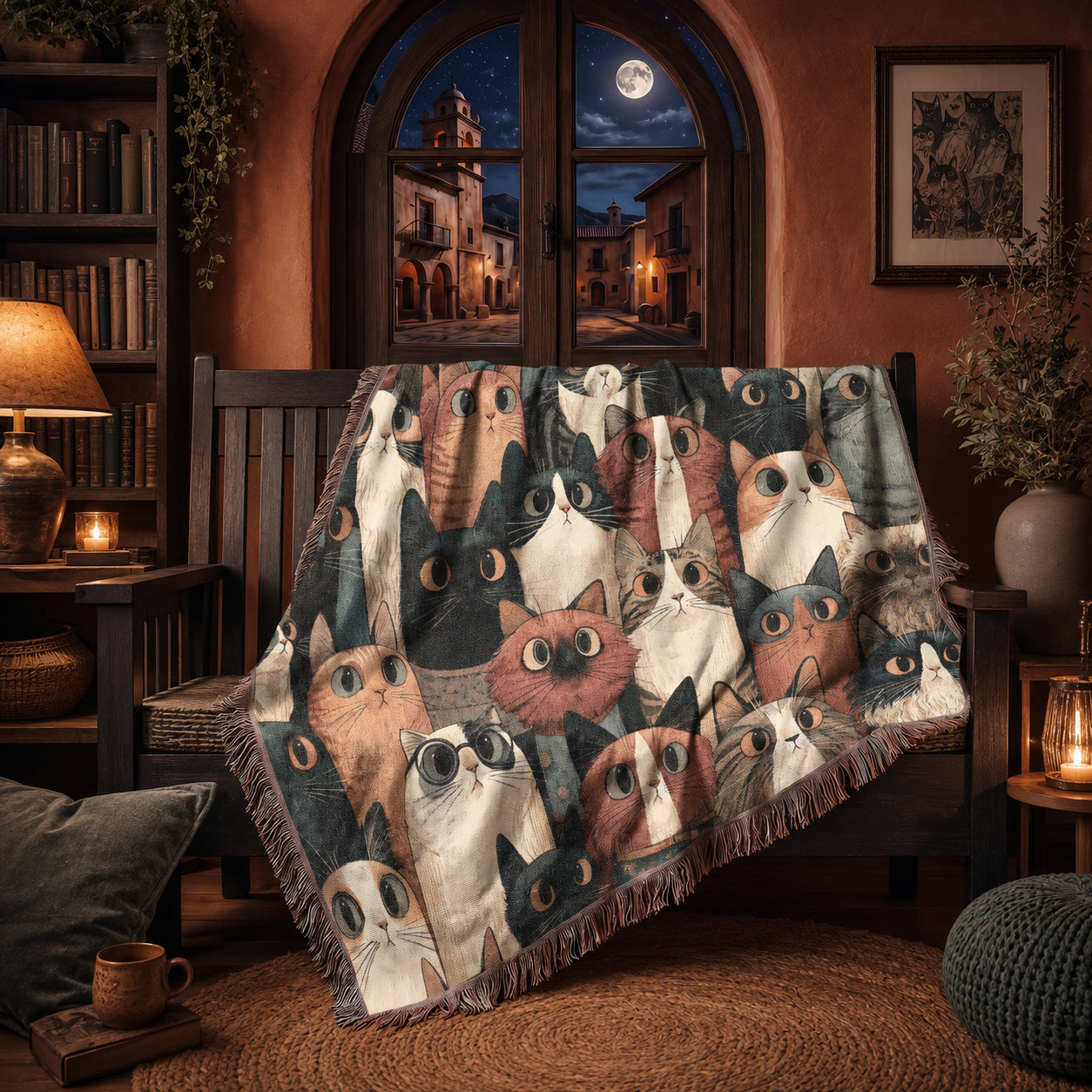 Whimsical Cat Collage Woven Blanket – Colorful Folk Art Cat Throw