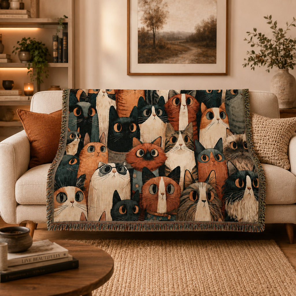 Whimsical Cat Collage Woven Blanket – Colorful Folk Art Cat Throw