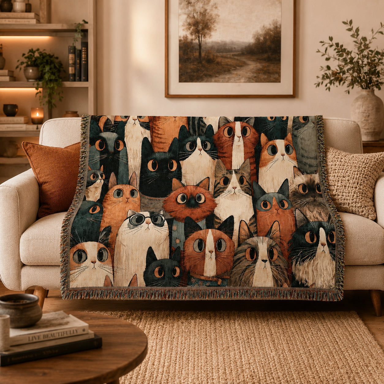 Whimsical Cat Collage Woven Blanket – Colorful Folk Art Cat Throw