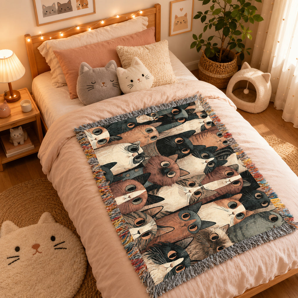 Whimsical Cat Collage Woven Blanket – Colorful Folk Art Cat Throw