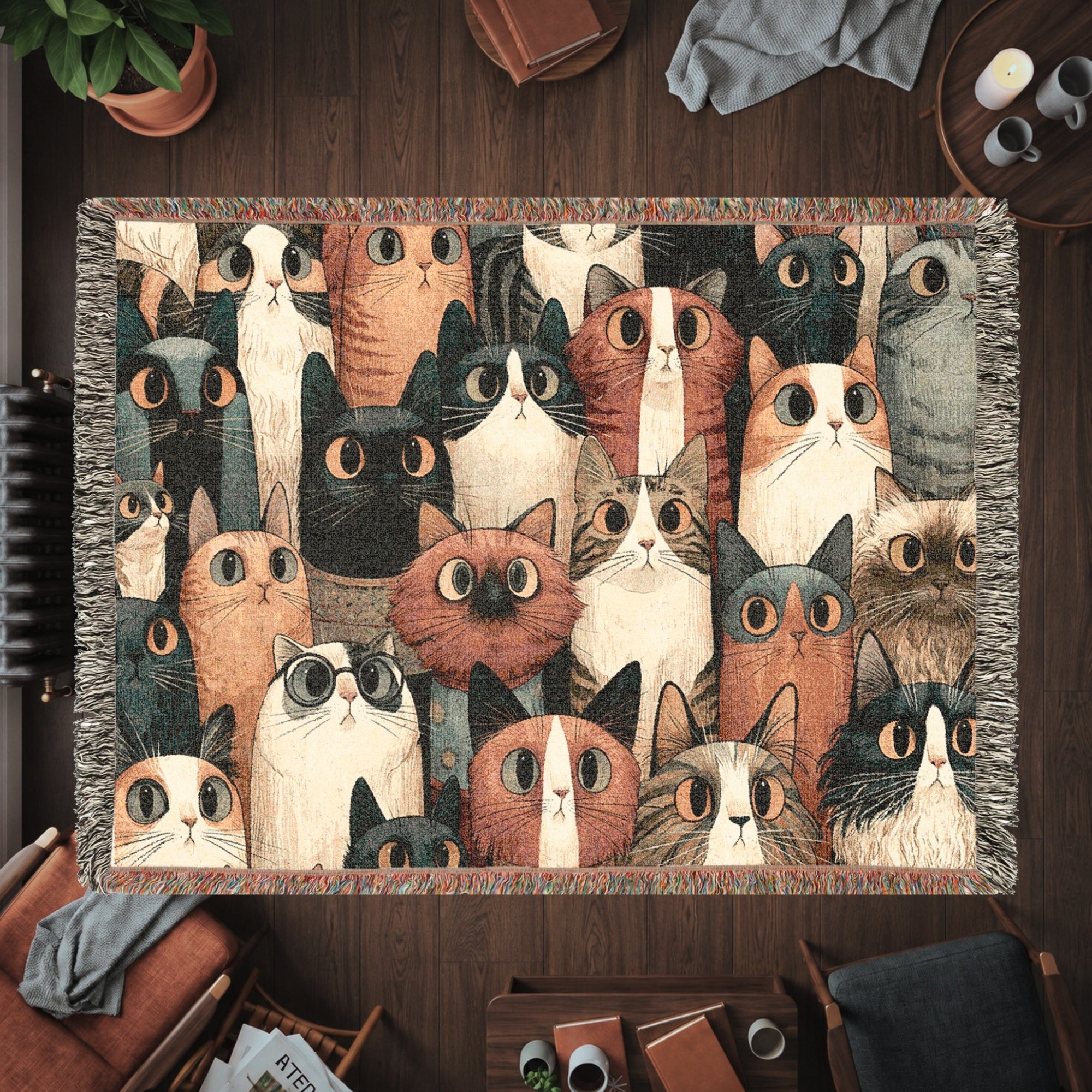 Whimsical Cat Collage Woven Blanket – Colorful Folk Art Cat Throw