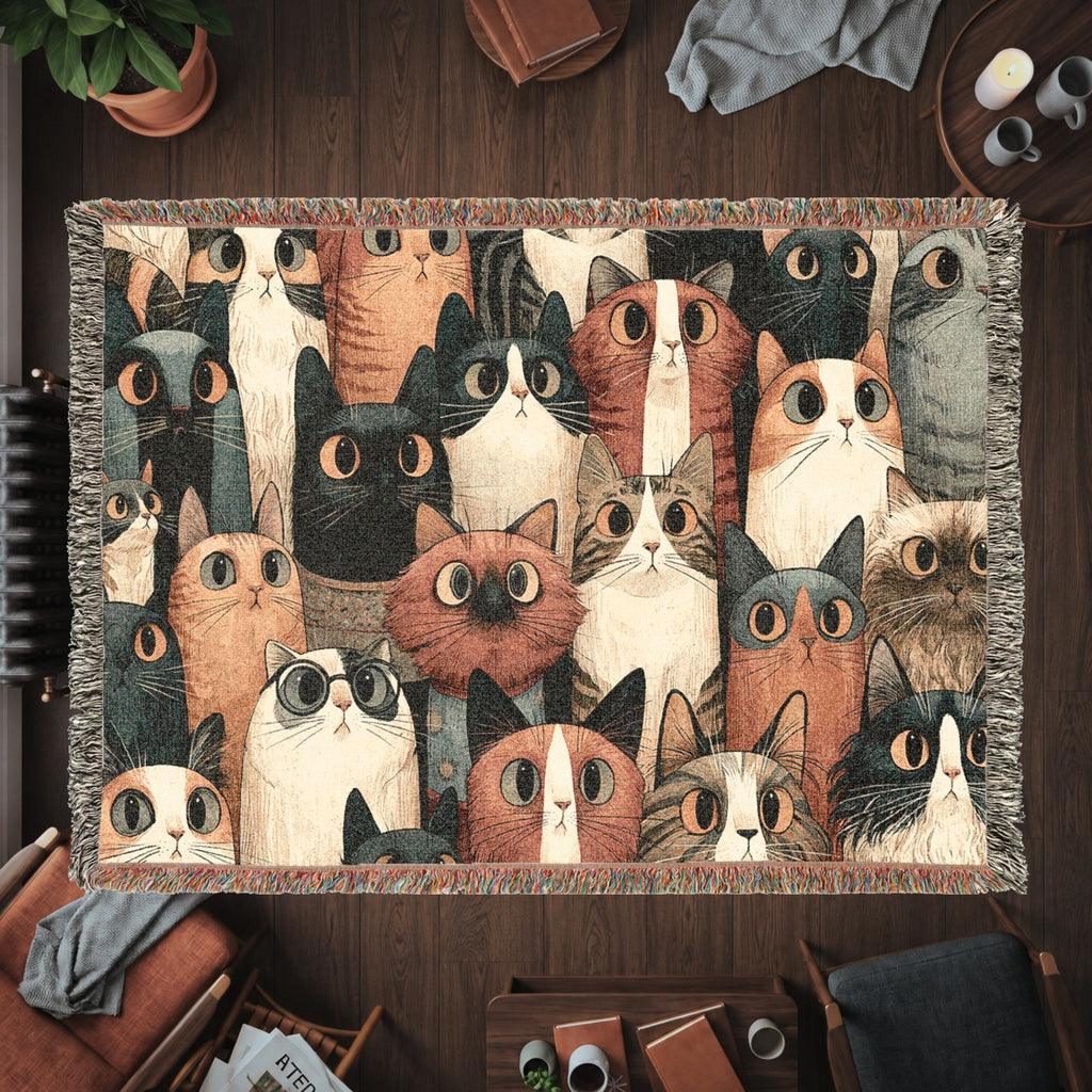 Whimsical Cat Collage Woven Blanket – Colorful Folk Art Cat Throw