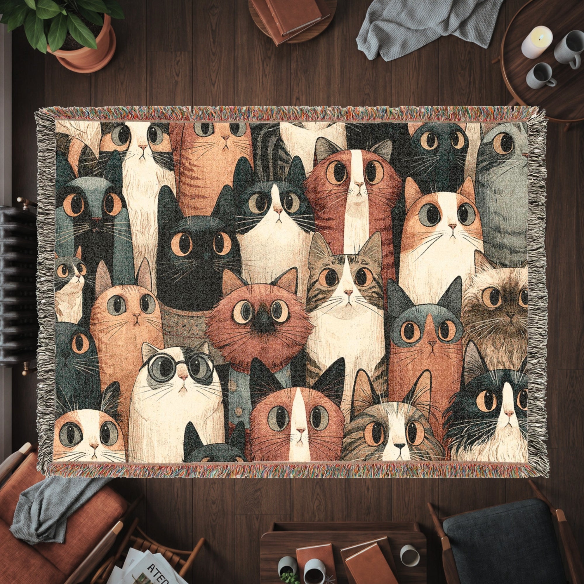 Whimsical Cat Collage Woven Blanket – Colorful Folk Art Cat Throw