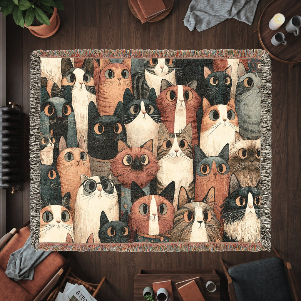 Whimsical Cat Collage Woven Blanket – Colorful Folk Art Cat Throw