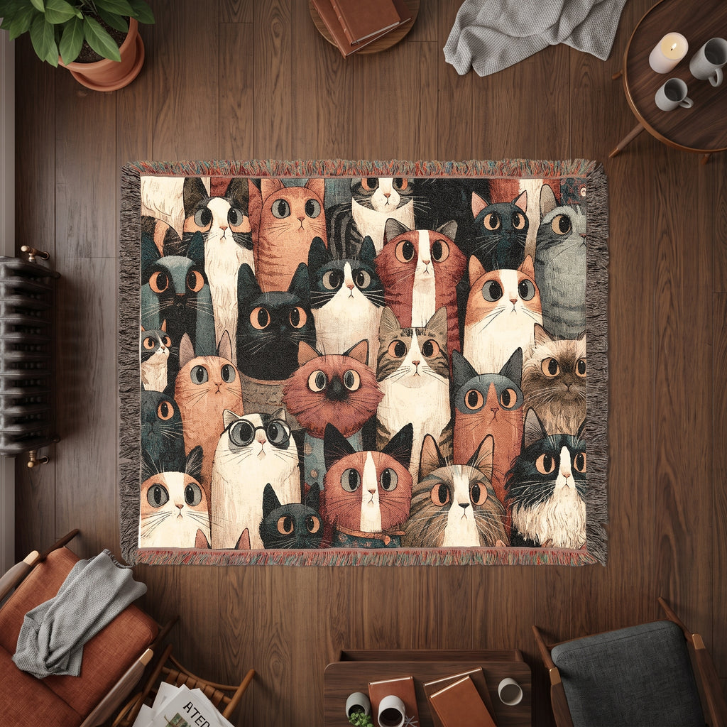 Whimsical Cat Collage Woven Blanket – Colorful Folk Art Cat Throw
