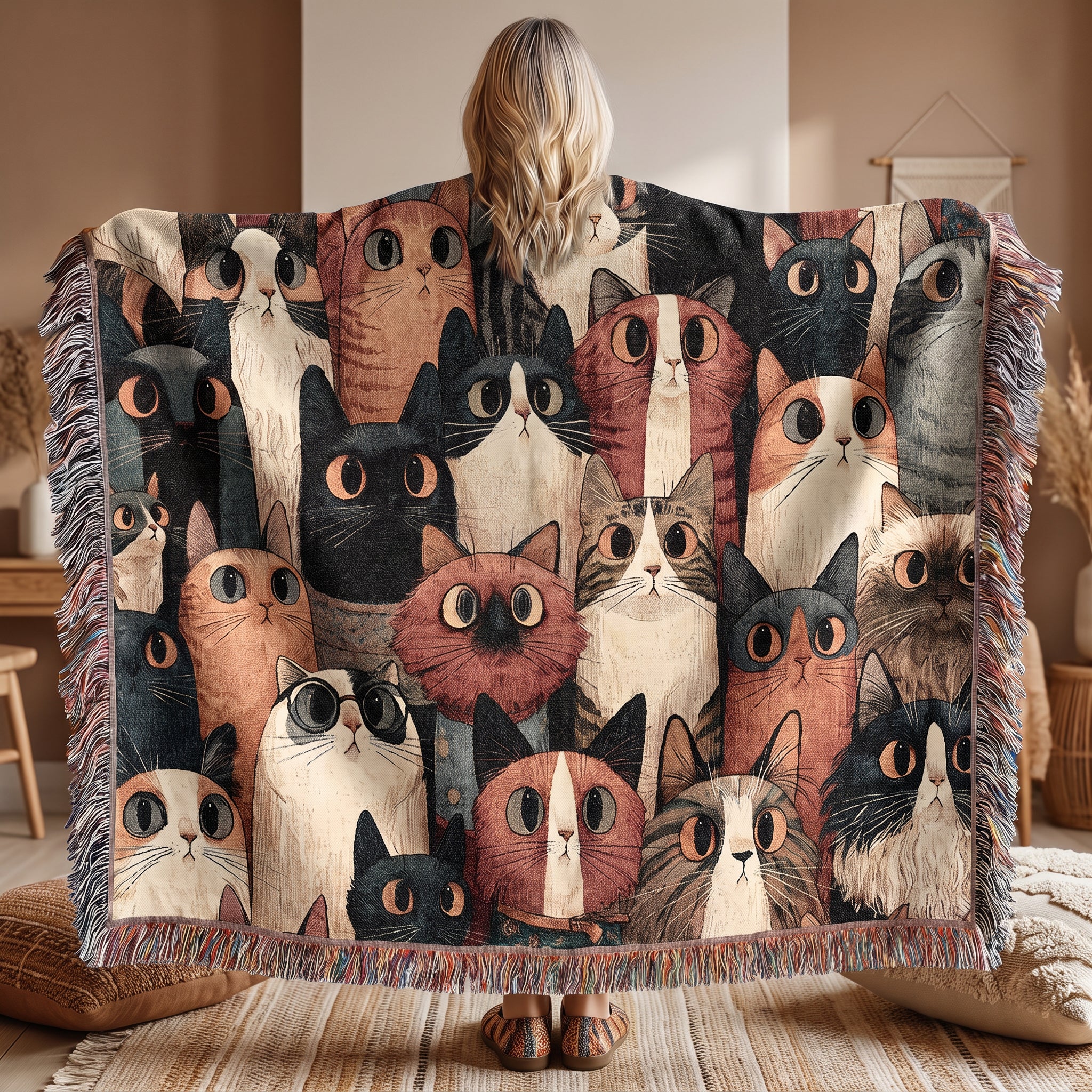 Whimsical Cat Collage Woven Blanket – Colorful Folk Art Cat Throw