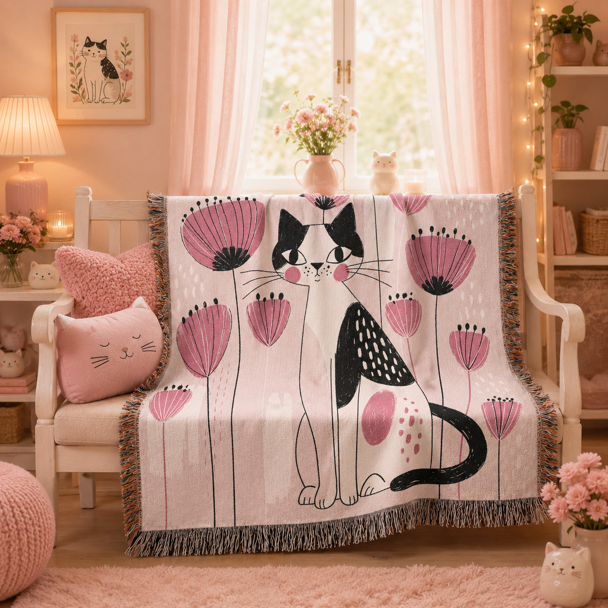 Pink Floral Cat Woven Blanket – Whimsical Folk Art Kitty Throw