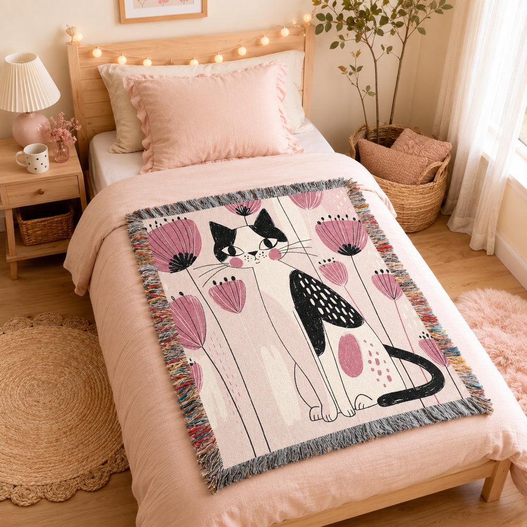 Pink Floral Cat Woven Blanket – Whimsical Folk Art Kitty Throw