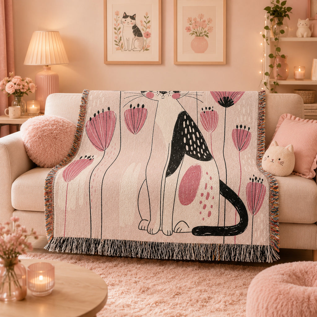 Pink Floral Cat Woven Blanket – Whimsical Folk Art Kitty Throw