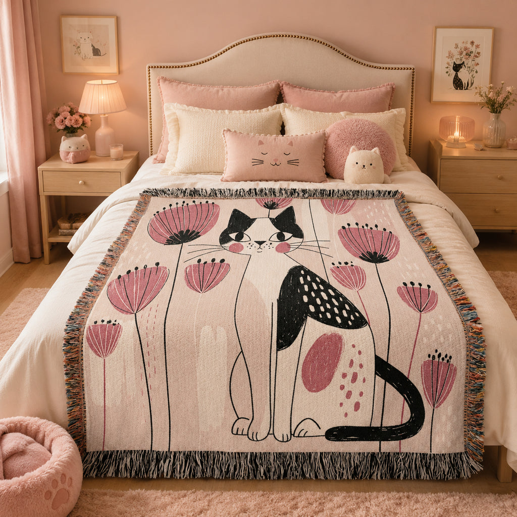 Pink Floral Cat Woven Blanket – Whimsical Folk Art Kitty Throw