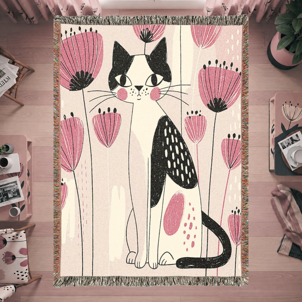 Pink Floral Cat Woven Blanket – Whimsical Folk Art Kitty Throw