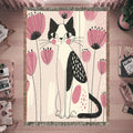 Pink Floral Cat Woven Blanket – Whimsical Folk Art Kitty Throw