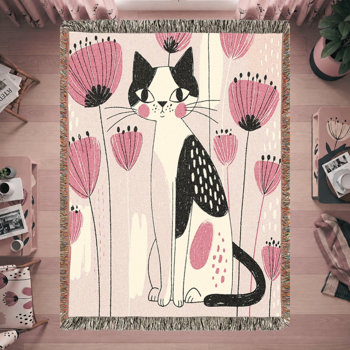 Pink Floral Cat Woven Blanket – Whimsical Folk Art Kitty Throw