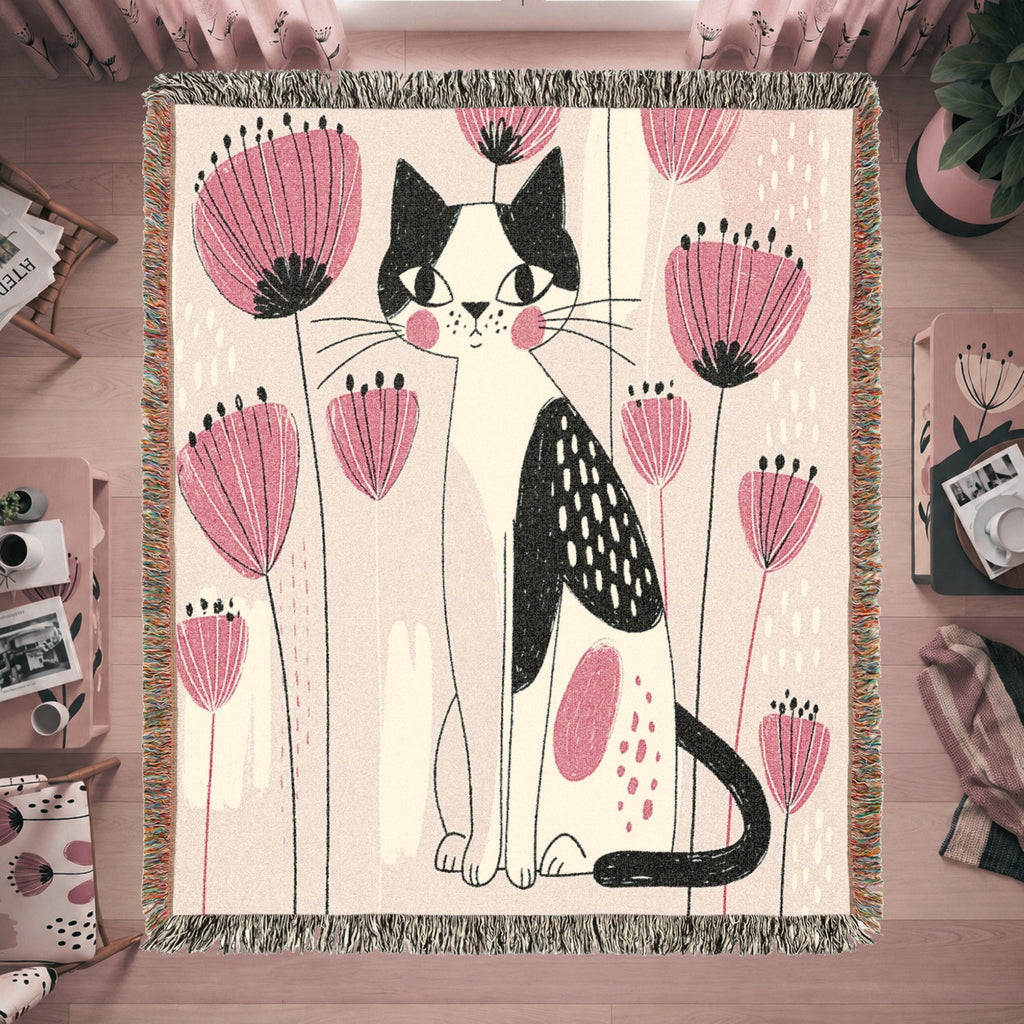 Pink Floral Cat Woven Blanket – Whimsical Folk Art Kitty Throw
