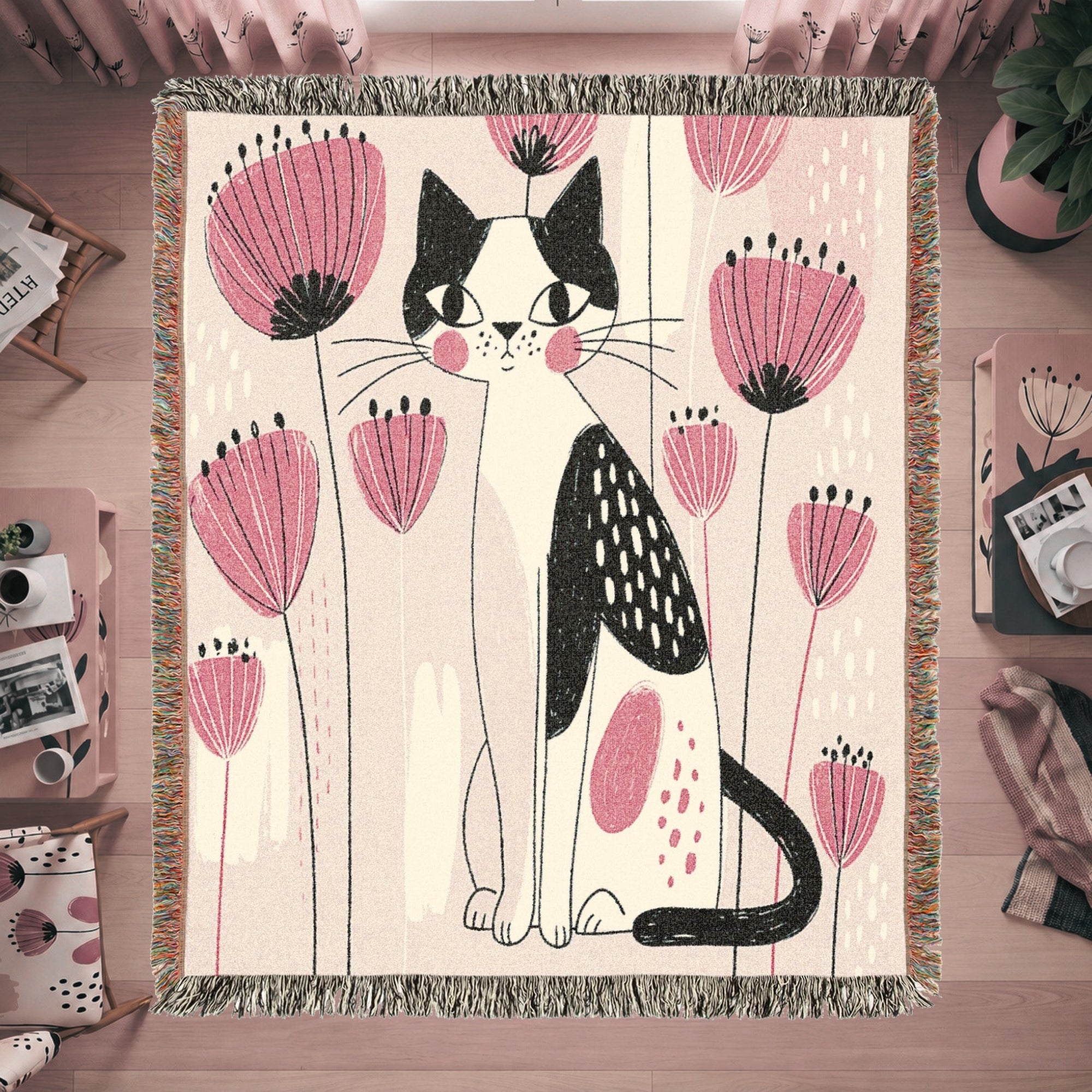 Pink Floral Cat Woven Blanket – Whimsical Folk Art Kitty Throw