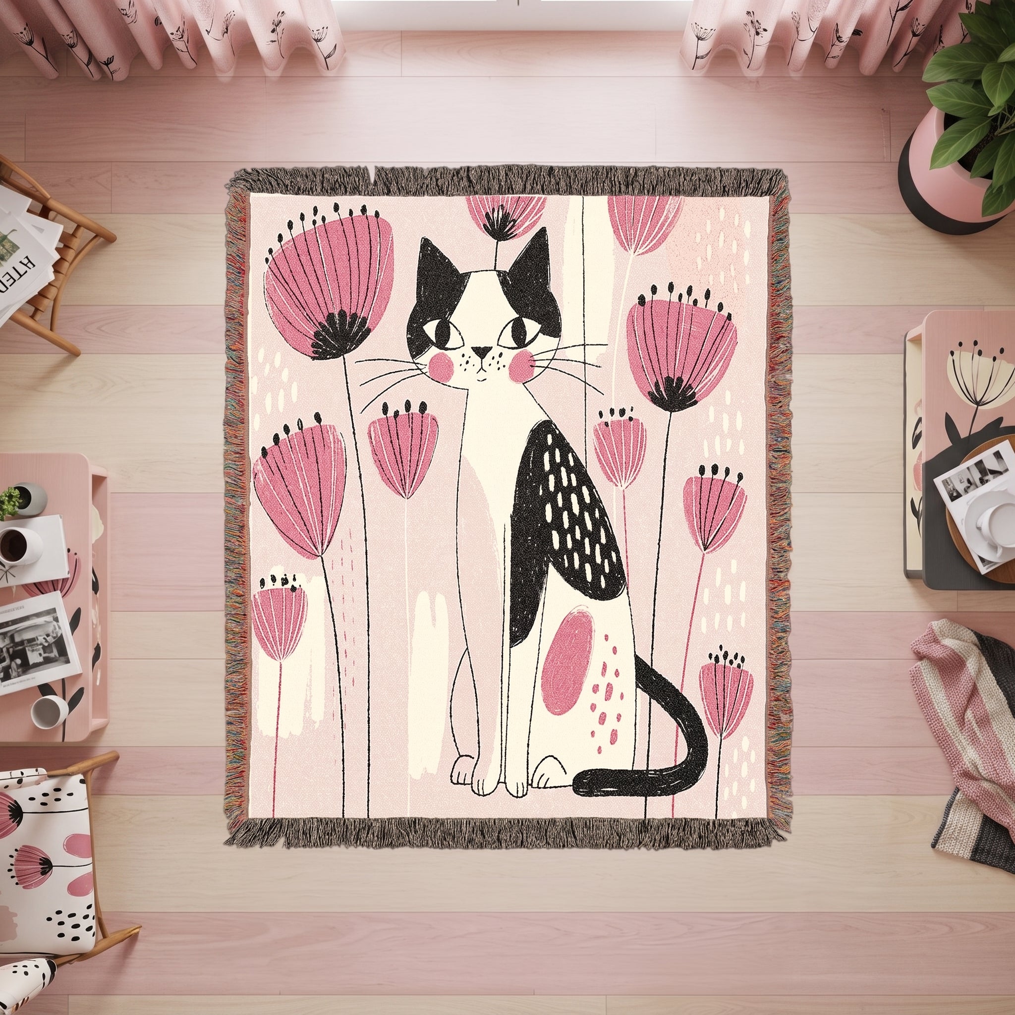 Pink Floral Cat Woven Blanket – Whimsical Folk Art Kitty Throw