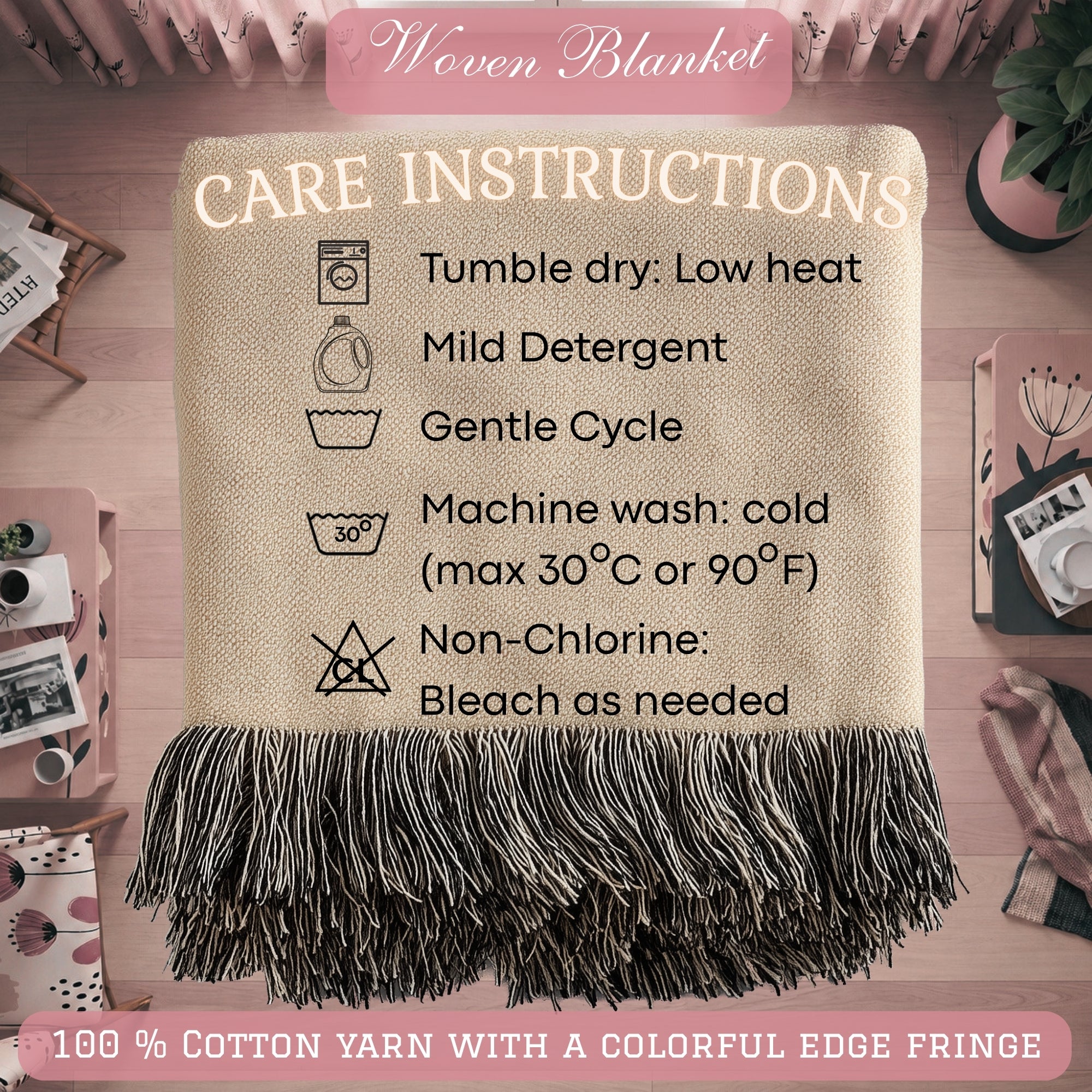 Pink Floral Cat Woven Blanket – Whimsical Folk Art Kitty Throw