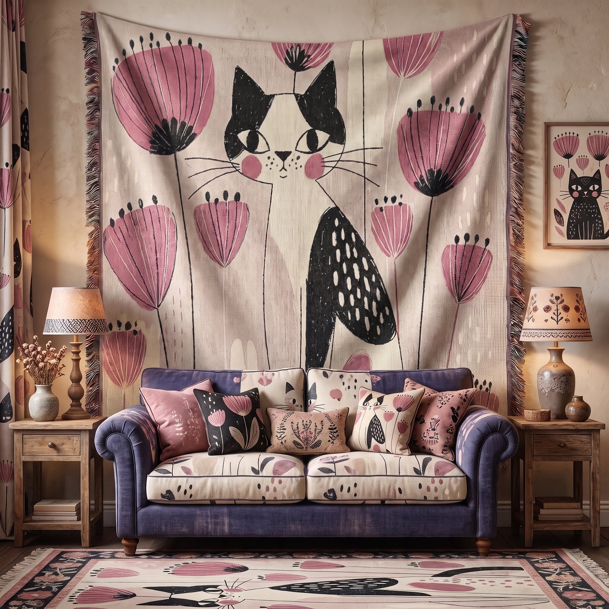 Pink Floral Cat Woven Blanket – Whimsical Folk Art Kitty Throw
