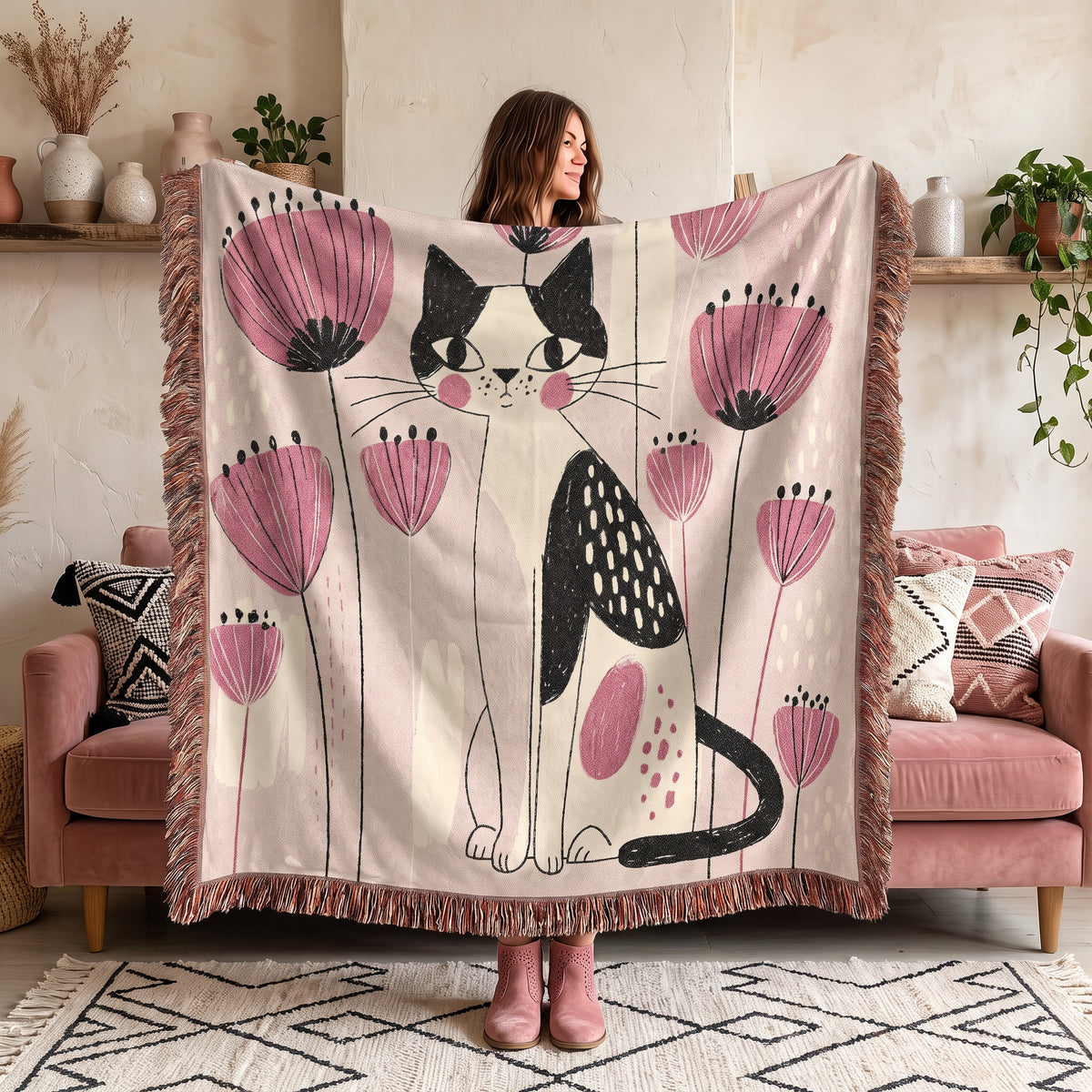 Pink Floral Cat Woven Blanket – Whimsical Folk Art Kitty Throw