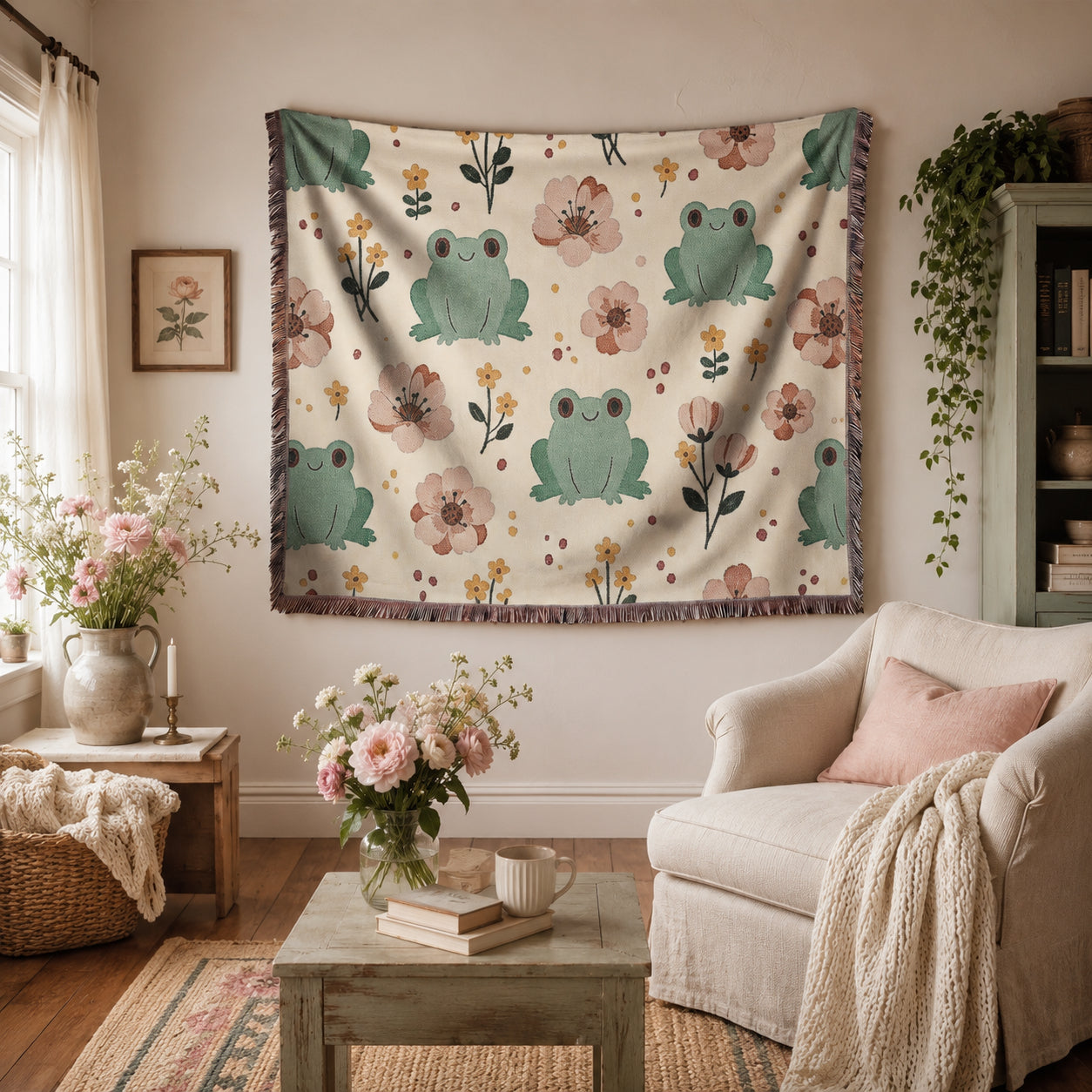 Floral Frog Woven Blanket – Whimsical Botanical Animal Throw