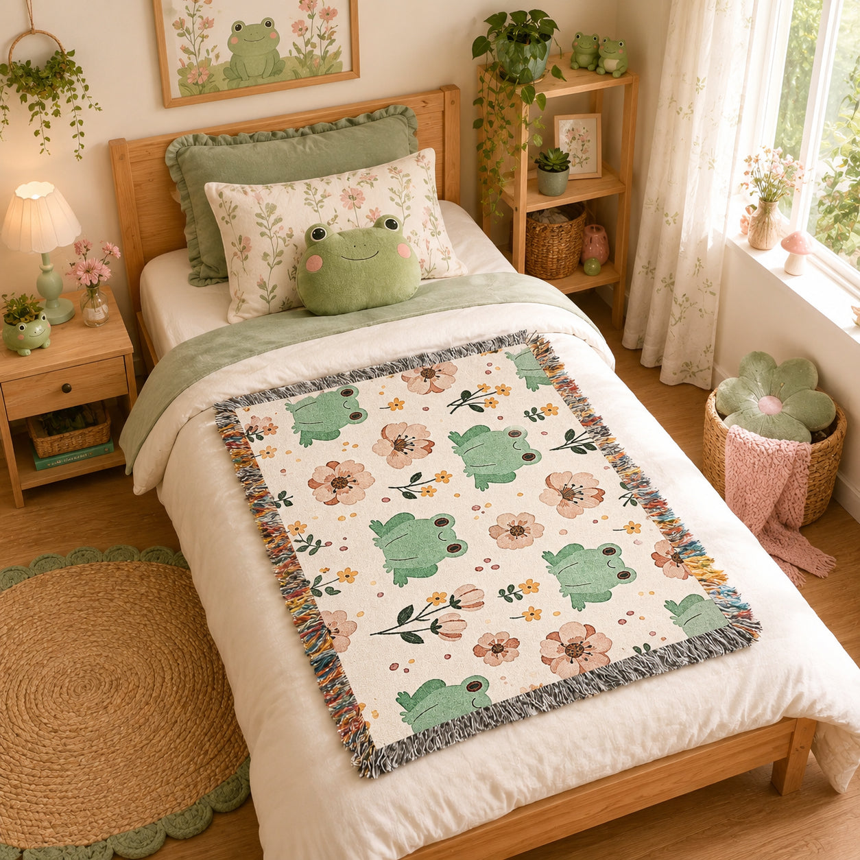 Floral Frog Woven Blanket – Whimsical Botanical Animal Throw