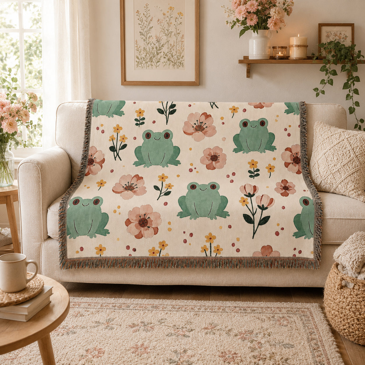 Floral Frog Woven Blanket – Whimsical Botanical Animal Throw