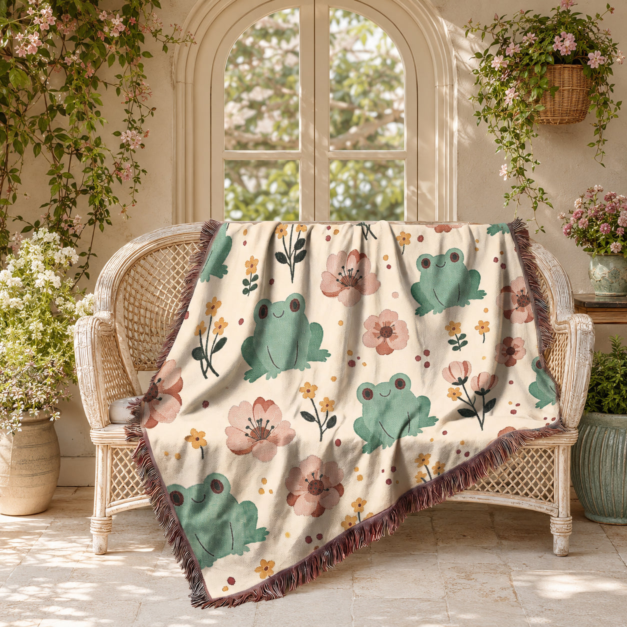 Floral Frog Woven Blanket – Whimsical Botanical Animal Throw