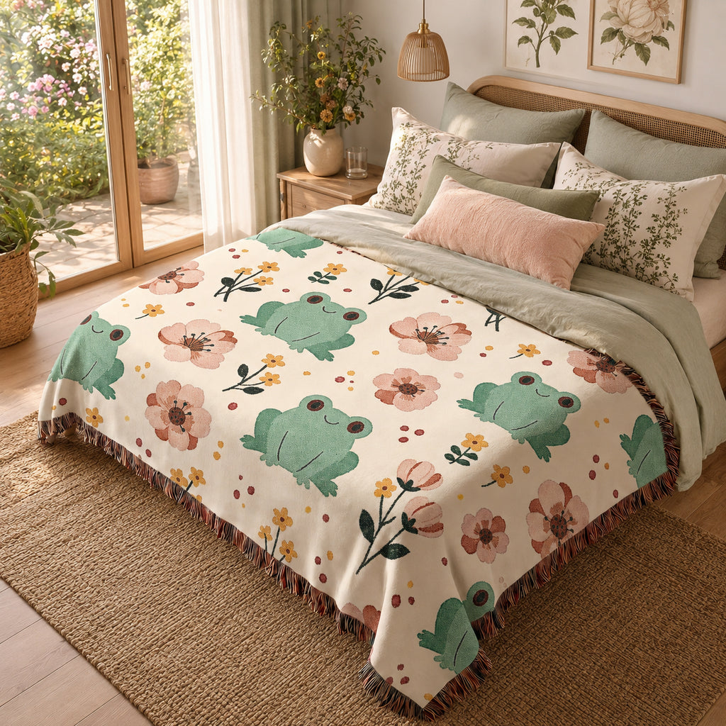 Floral Frog Woven Blanket – Whimsical Botanical Animal Throw