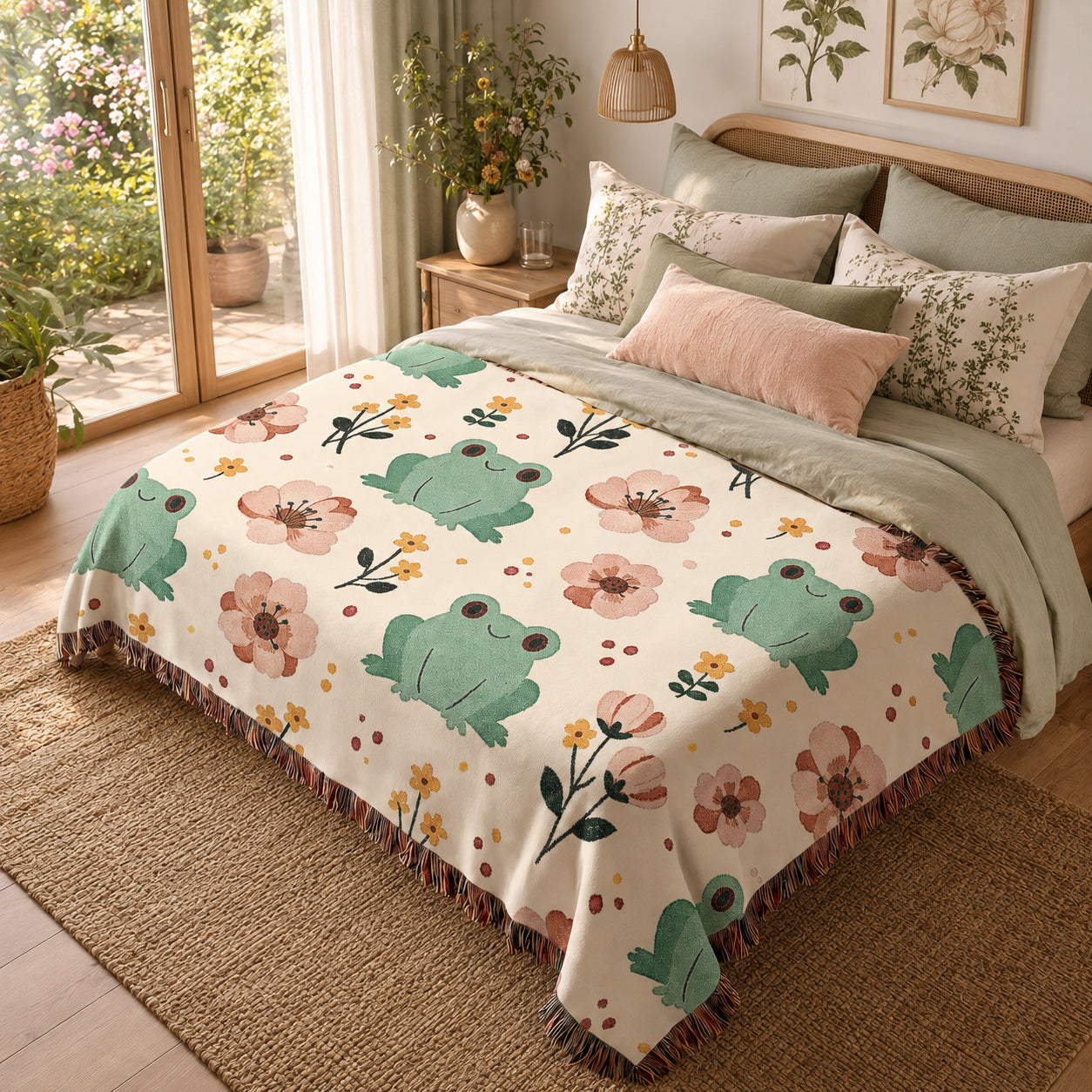 Floral Frog Woven Blanket – Whimsical Botanical Animal Throw