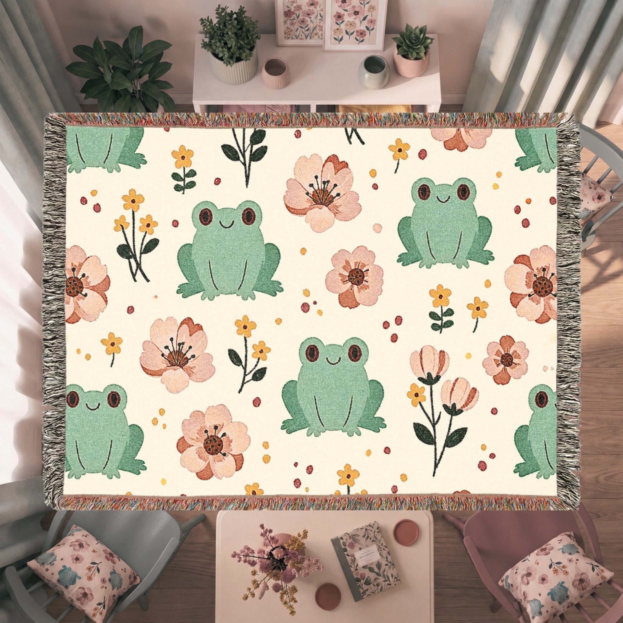 Floral Frog Woven Blanket – Whimsical Botanical Animal Throw