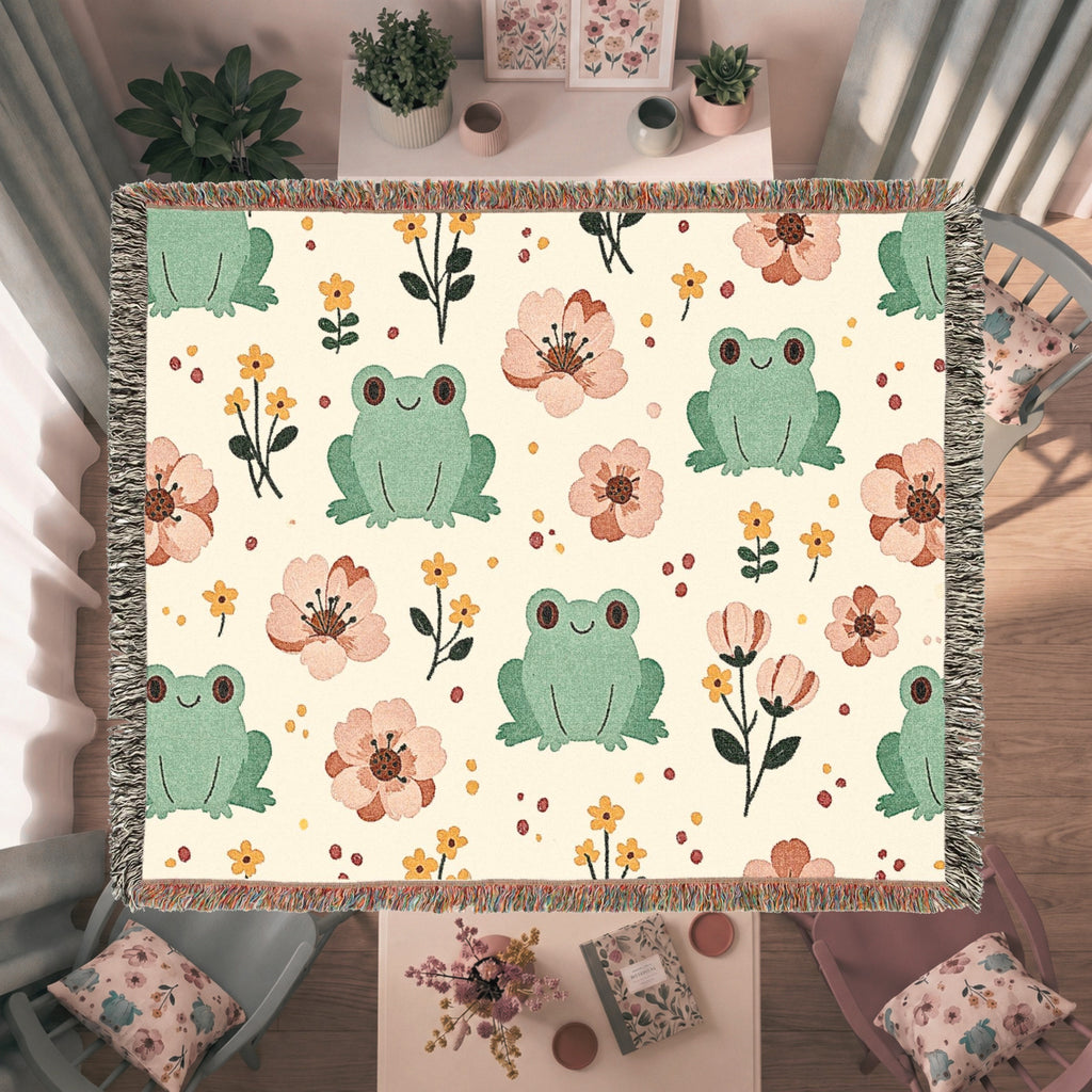 Floral Frog Woven Blanket – Whimsical Botanical Animal Throw