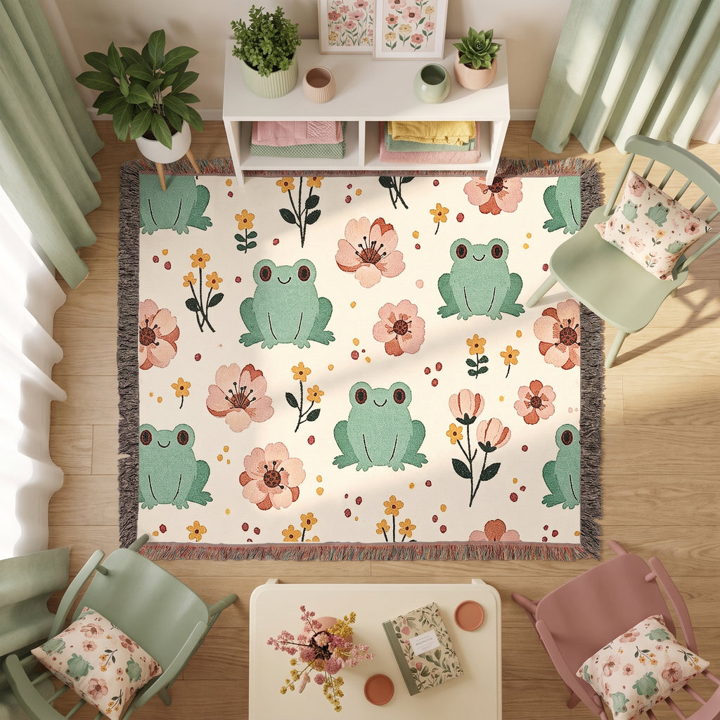 Floral Frog Woven Blanket – Whimsical Botanical Animal Throw