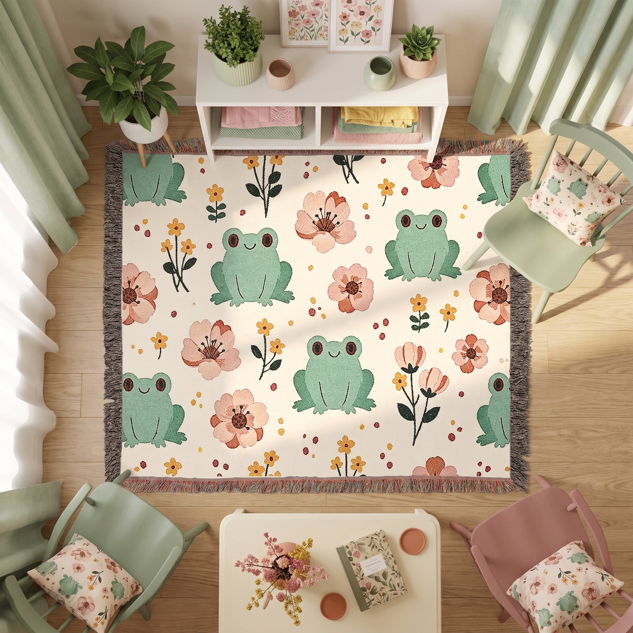 Floral Frog Woven Blanket – Whimsical Botanical Animal Throw