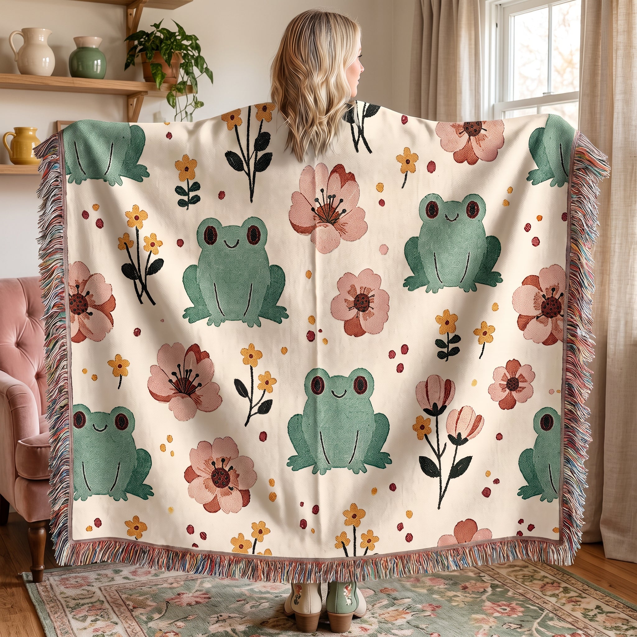 Floral Frog Woven Blanket – Whimsical Botanical Animal Throw