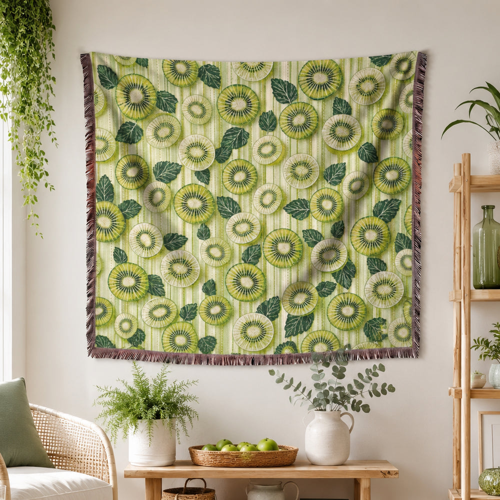 Kiwi Fruit Woven Blanket – Green Botanical Cotton Throw