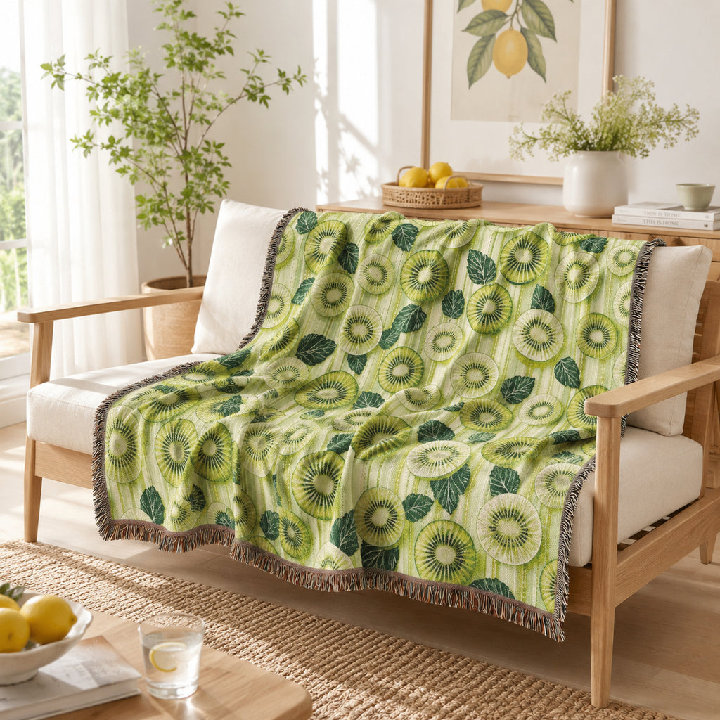 Kiwi Fruit Woven Blanket – Green Botanical Cotton Throw