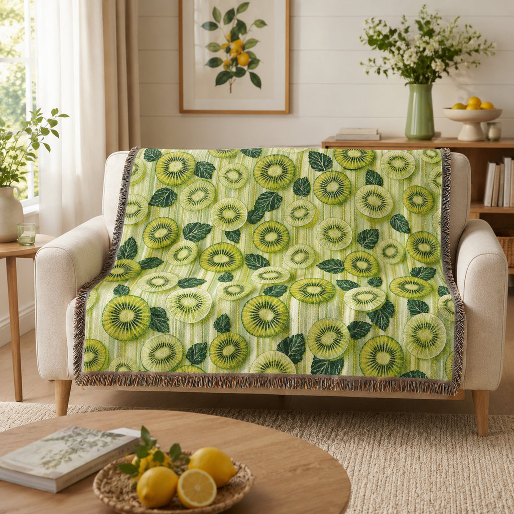 Kiwi Fruit Woven Blanket – Green Botanical Cotton Throw
