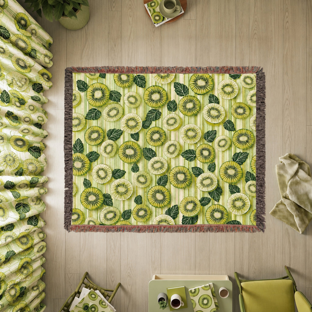 Kiwi Fruit Woven Blanket – Green Botanical Cotton Throw
