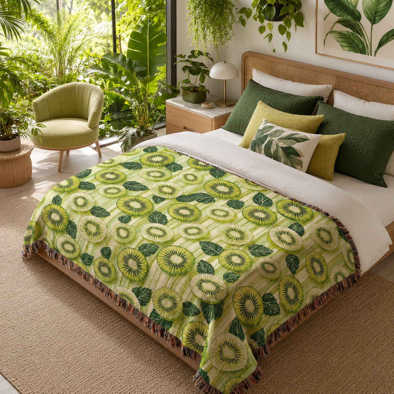 Kiwi Fruit Woven Blanket – Green Botanical Cotton Throw