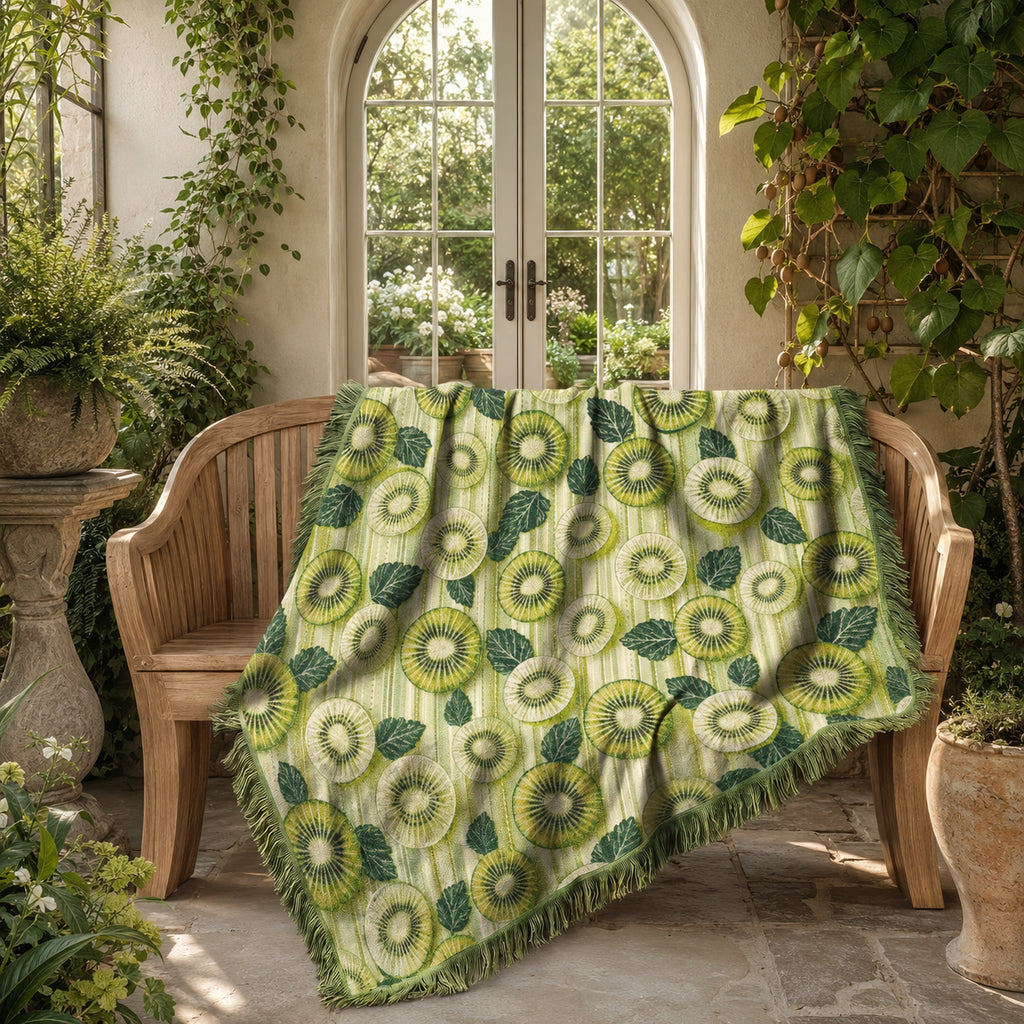 Kiwi Fruit Woven Blanket – Green Botanical Cotton Throw