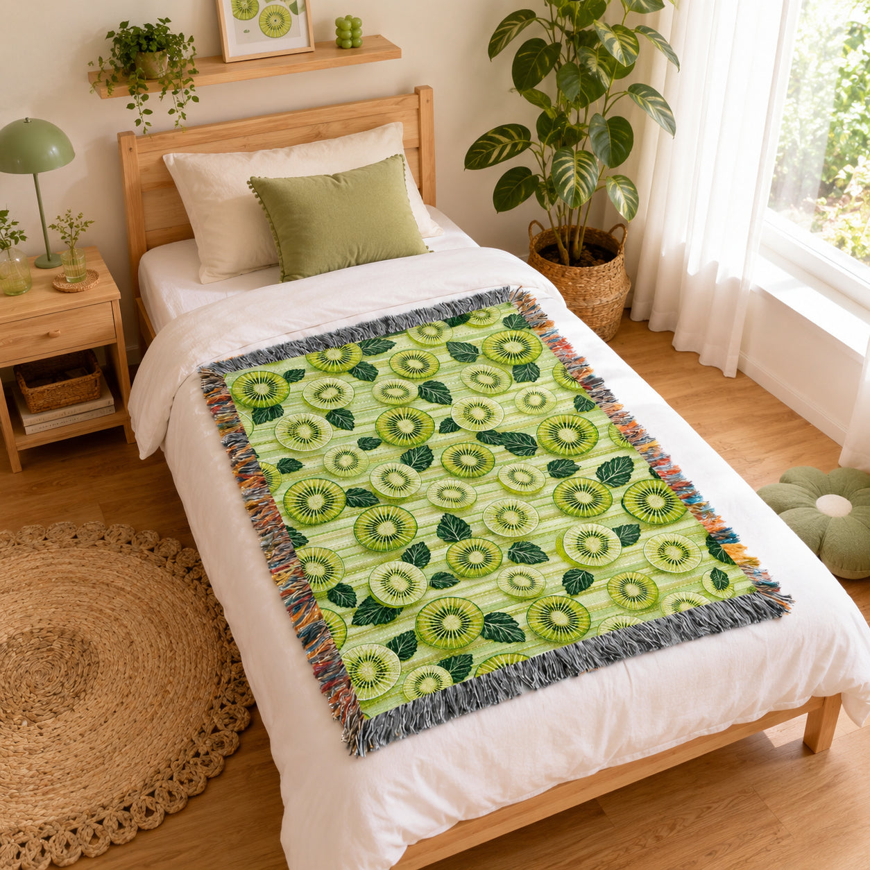 Kiwi Fruit Woven Blanket – Green Botanical Cotton Throw