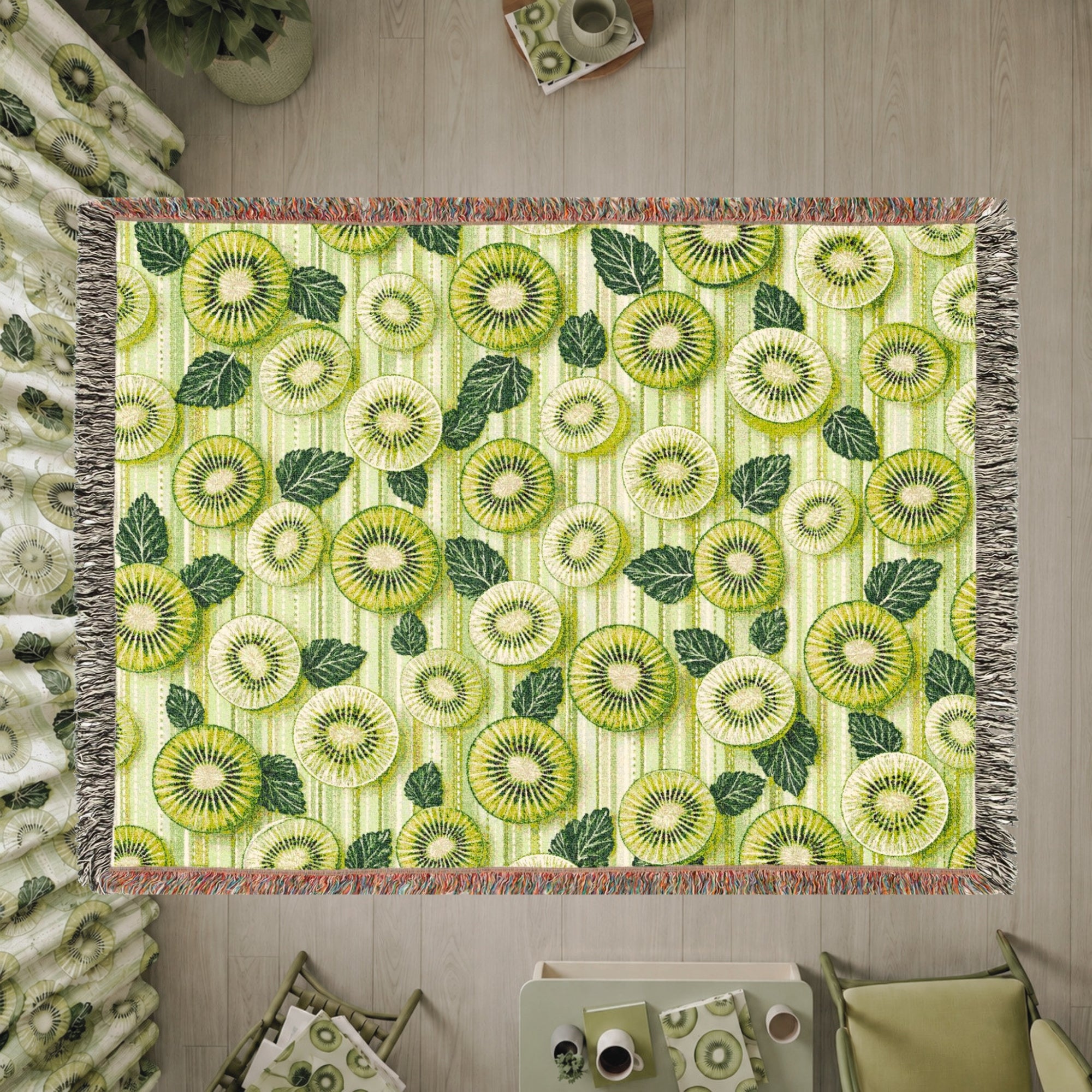 Kiwi Fruit Woven Blanket – Green Botanical Cotton Throw